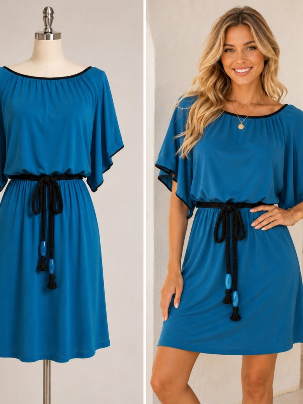 Turquoise Dress Boho Chic Smocked Midi with Gladiator Rope-Belt Size M